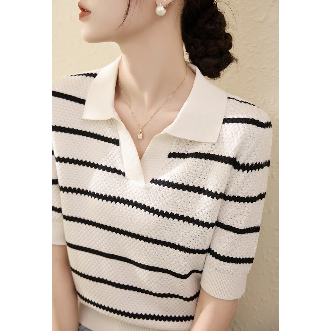2025夏季新款女装黑白拼色条纹宽松显瘦短袖针织衫POLOV领T恤上衣