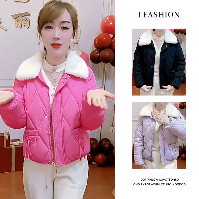 时尚短款羽绒棉服女2025冬季新款小个子洋气蝴蝶结毛毛领保暖棉衣