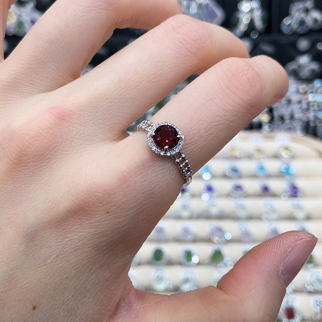 石榴石戒指银S925镶嵌戒指