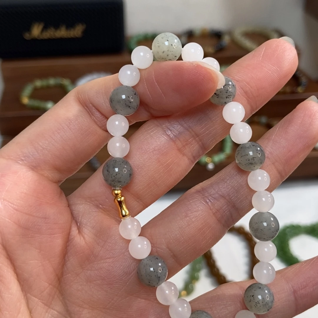 和田玉银S925镶嵌手链福利8mm青花双拼