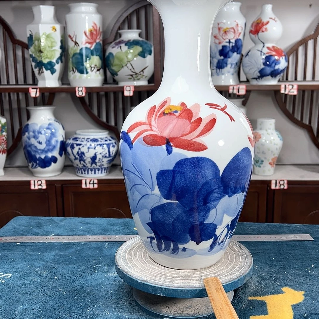 摆件景德镇陶瓷棒红荷