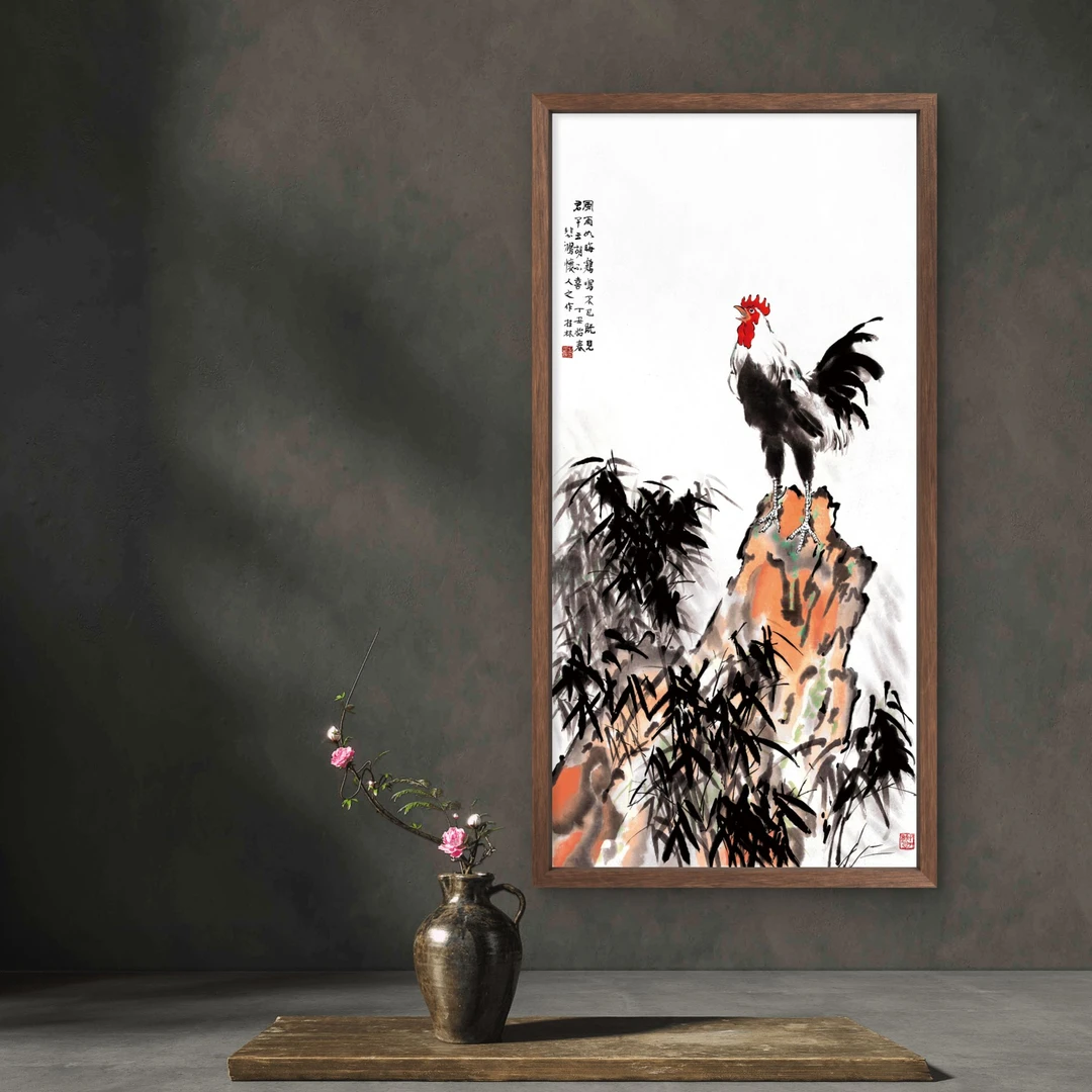 5-35*68鸡鸣富贵图中式装饰画木框玄关书房茶室客厅挂画