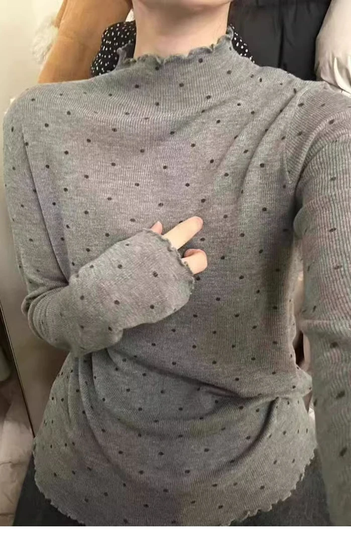 小香风内搭波点针织衫女短款修身毛衣打底木耳边长袖上衣G9-56
