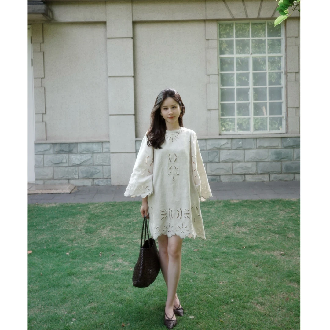 Maigela | 南法假日 进口100%亚麻重工刺绣老钱度假中长款连衣裙