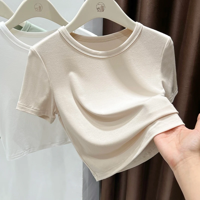 气质纯色圆领修身显瘦短款正肩短袖T恤2025夏季薄款高品质上衣女
