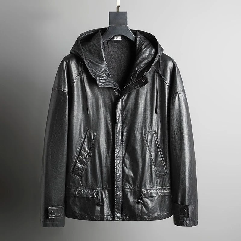 胎牛廓形帽单皮马 男士真皮皮衣牛皮连帽单皮春秋外套