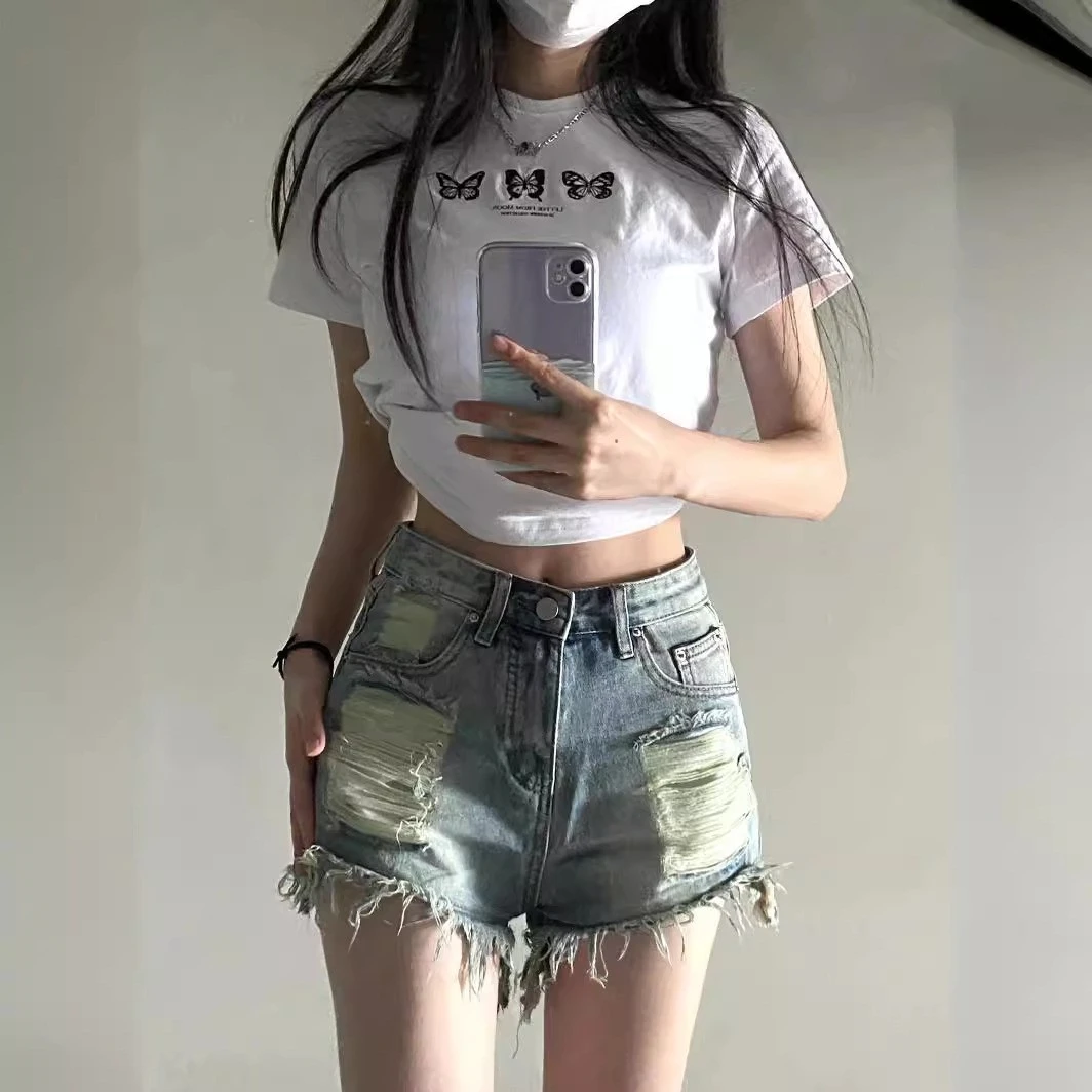 300斤大码夏季美式牛仔短裤女新款小众设计感甜酷高腰破洞阔腿裤