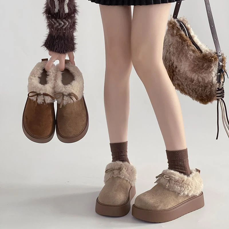 巨好看百搭毛绒厚底勃肯鞋女2025冬季新款厚底加绒懒人毛毛鞋外穿