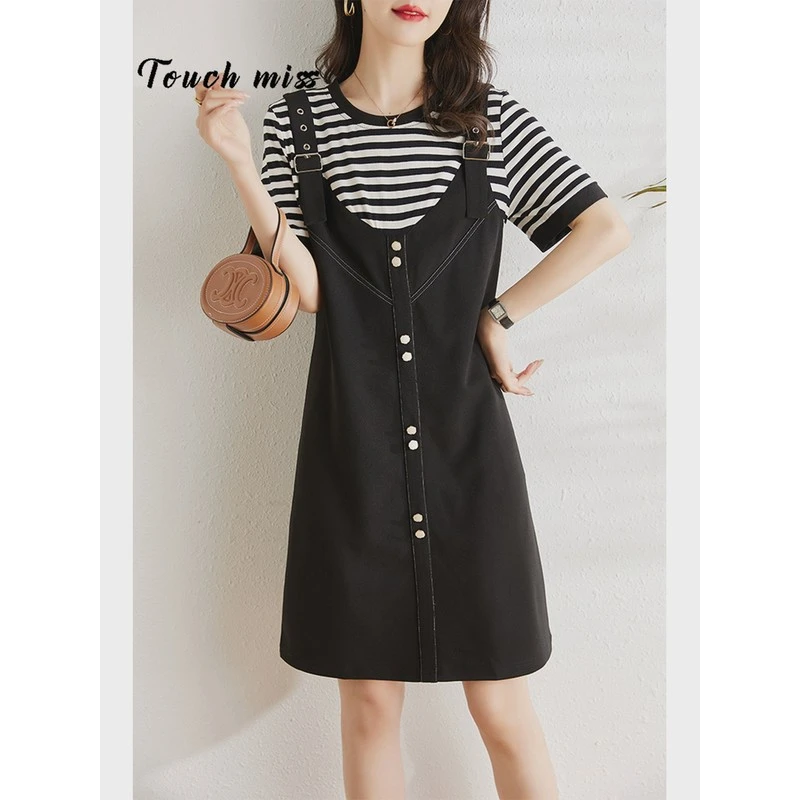 TOUCH MISS减龄条纹拼接假两件背带裙女夏2025新款遮肉显瘦微胖mm