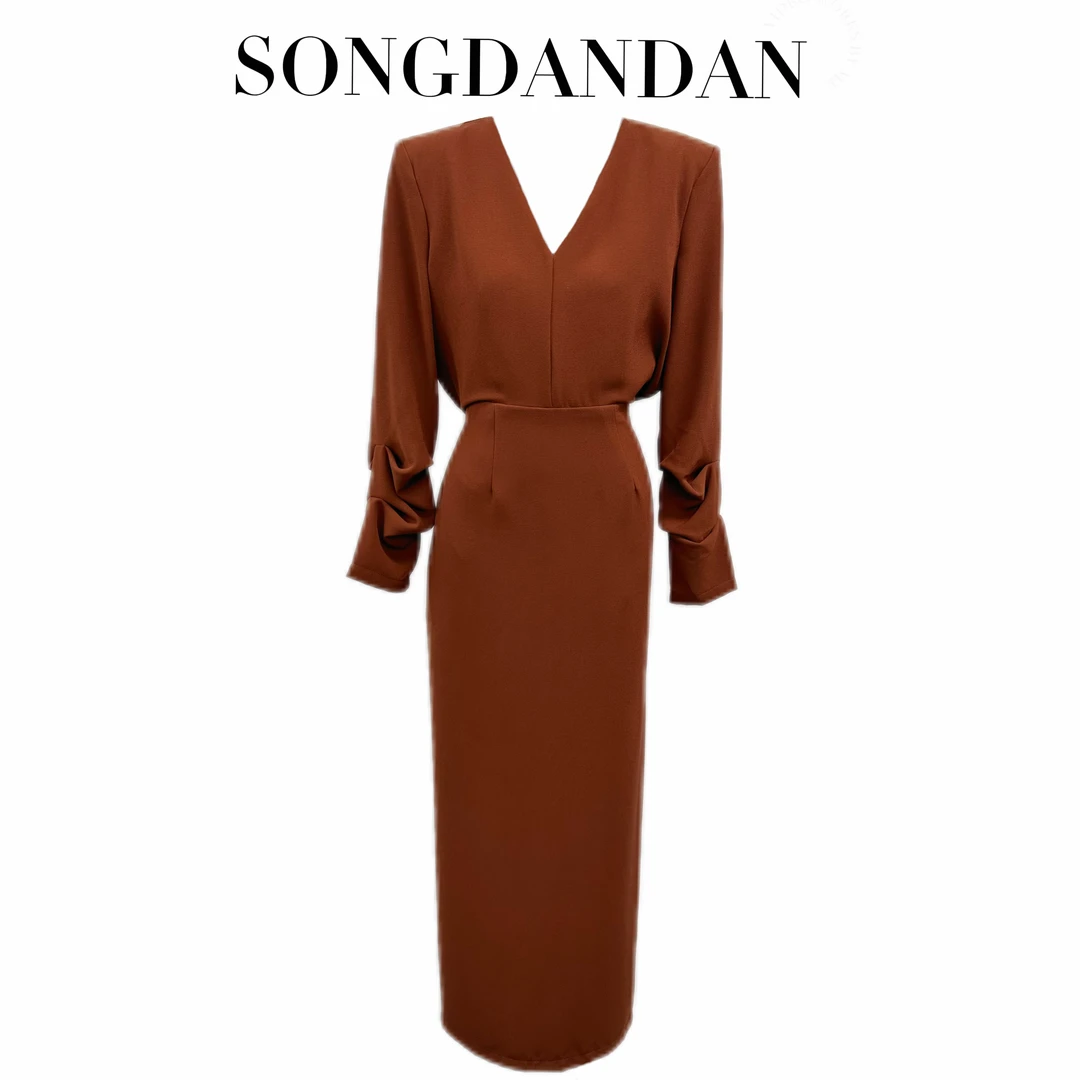 【DDS】V领时尚气质修身显瘦直筒连衣裙时尚潮流气质连衣裙红色裙子