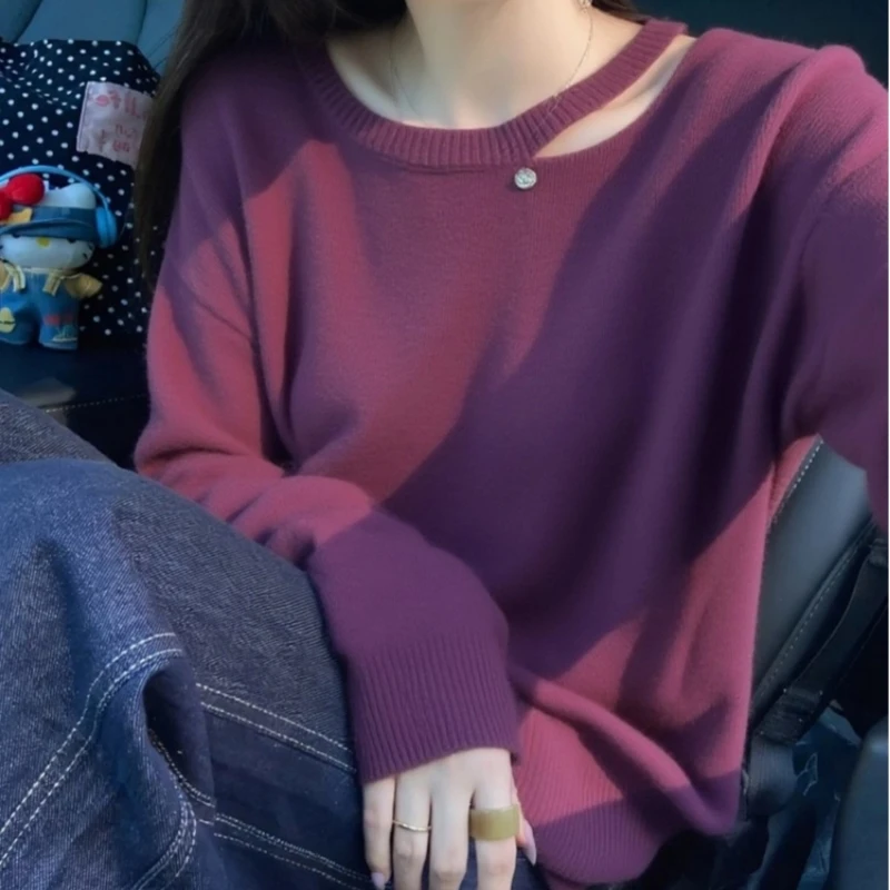 紫色时髦不规则镂空套头针织衫上衣女装秋冬季外穿洋气慵懒风毛衣