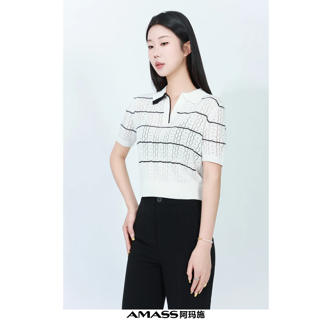 AMASS/阿玛施538064新款镂空短袖上衣百搭气质条纹翻领针织T恤女