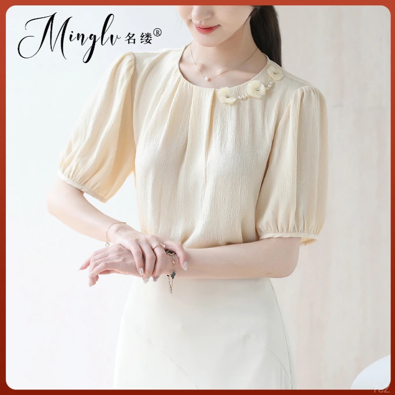 小众短袖衬衫女新款气质装饰复古优雅花朵夏上衣2025立体通勤职业