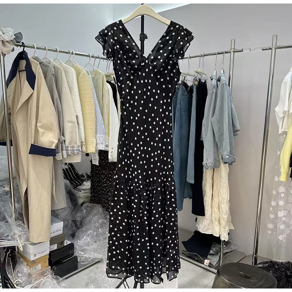 时尚百搭修身显瘦洋气波点印花连衣裙女装V领长裙子2025夏季新款