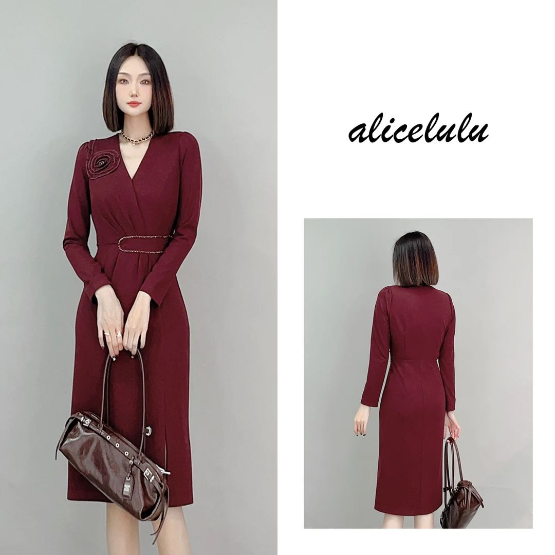 1 [alicelulu] “微醺宴会”连衣裙 立体捏花 气质枣红 S1034740A