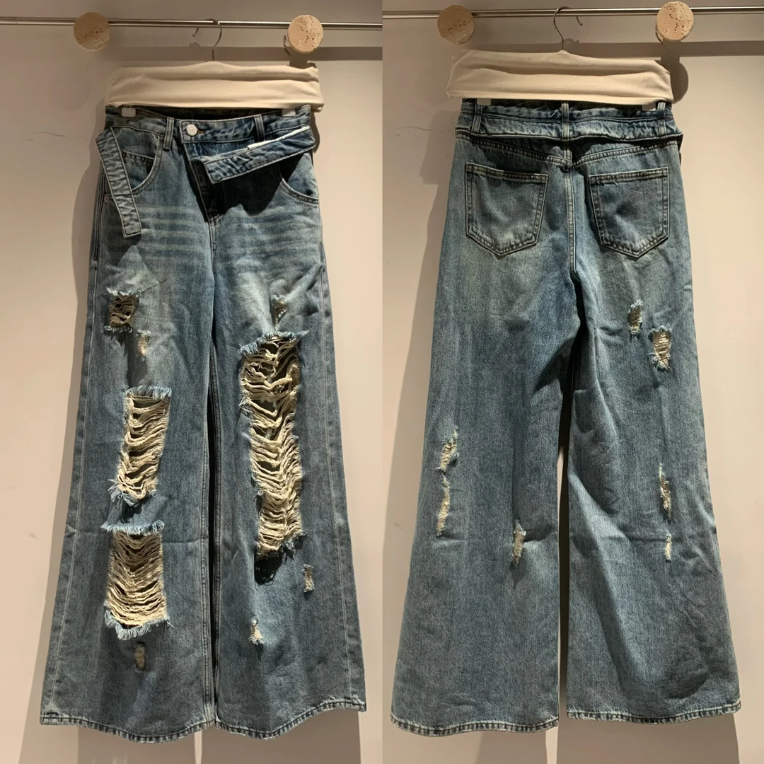 2025春夏复古牛仔裤宽松裤子（尺码需备注）这里拍~破洞阔腿裤时髦