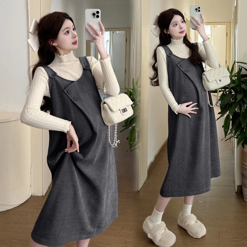 孕妇连衣裙春秋上衣小香风洋气气质新款孕妇宽松中长款显瘦连衣裙