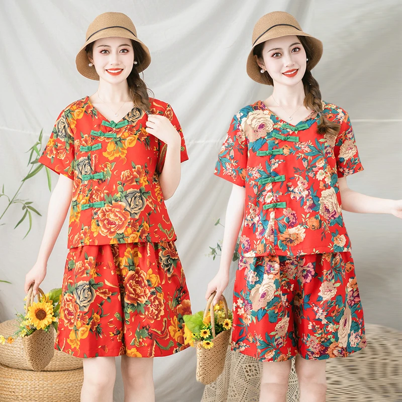 东北大花套装斜襟盘扣短袖T恤短裤民族风两件套闺蜜装姐妹广场舞