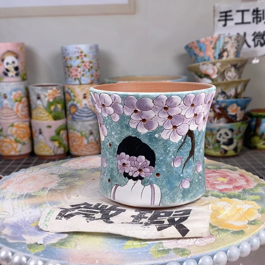 紫砂花盆红陶手绘花盆