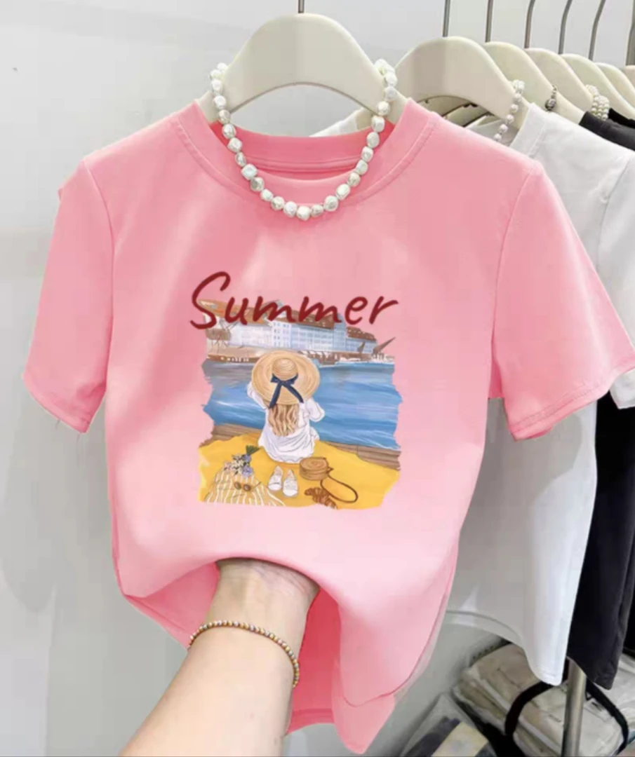 纯棉-夏季时尚宽松印花潮流春夏卡通圆领设计感短袖-海边女孩