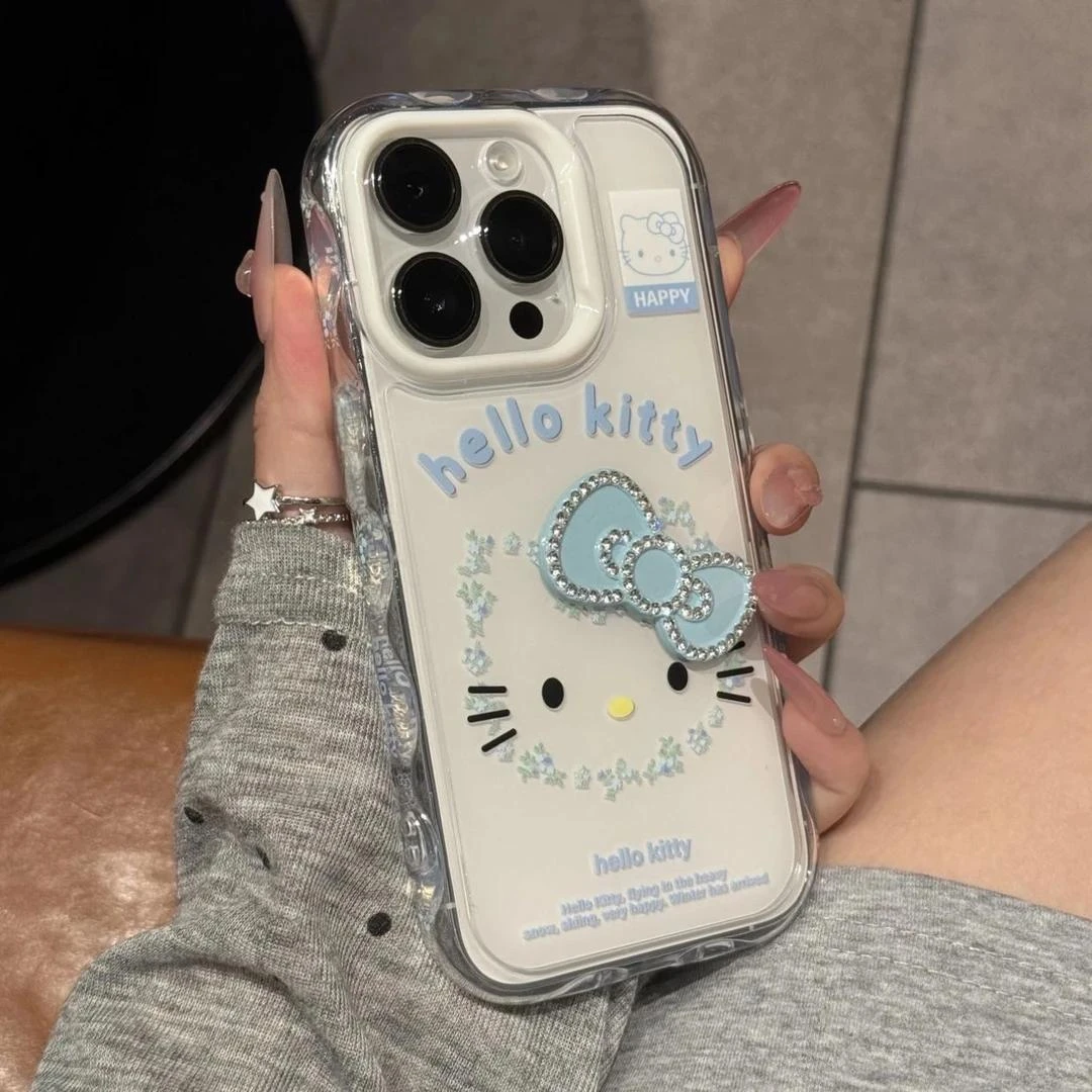 奥菲顿白碎花KT猫蝴蝶结适用iPhone16/15波纹果冻14手机壳13/12套