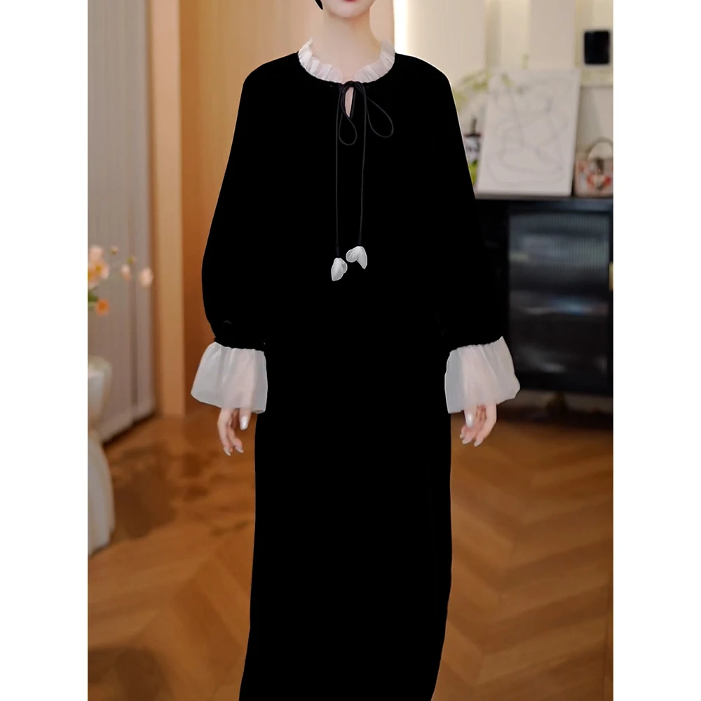 法式气质时尚高级洋气轻奢丝绒连衣裙2025秋冬新款宽松遮胯中长裙