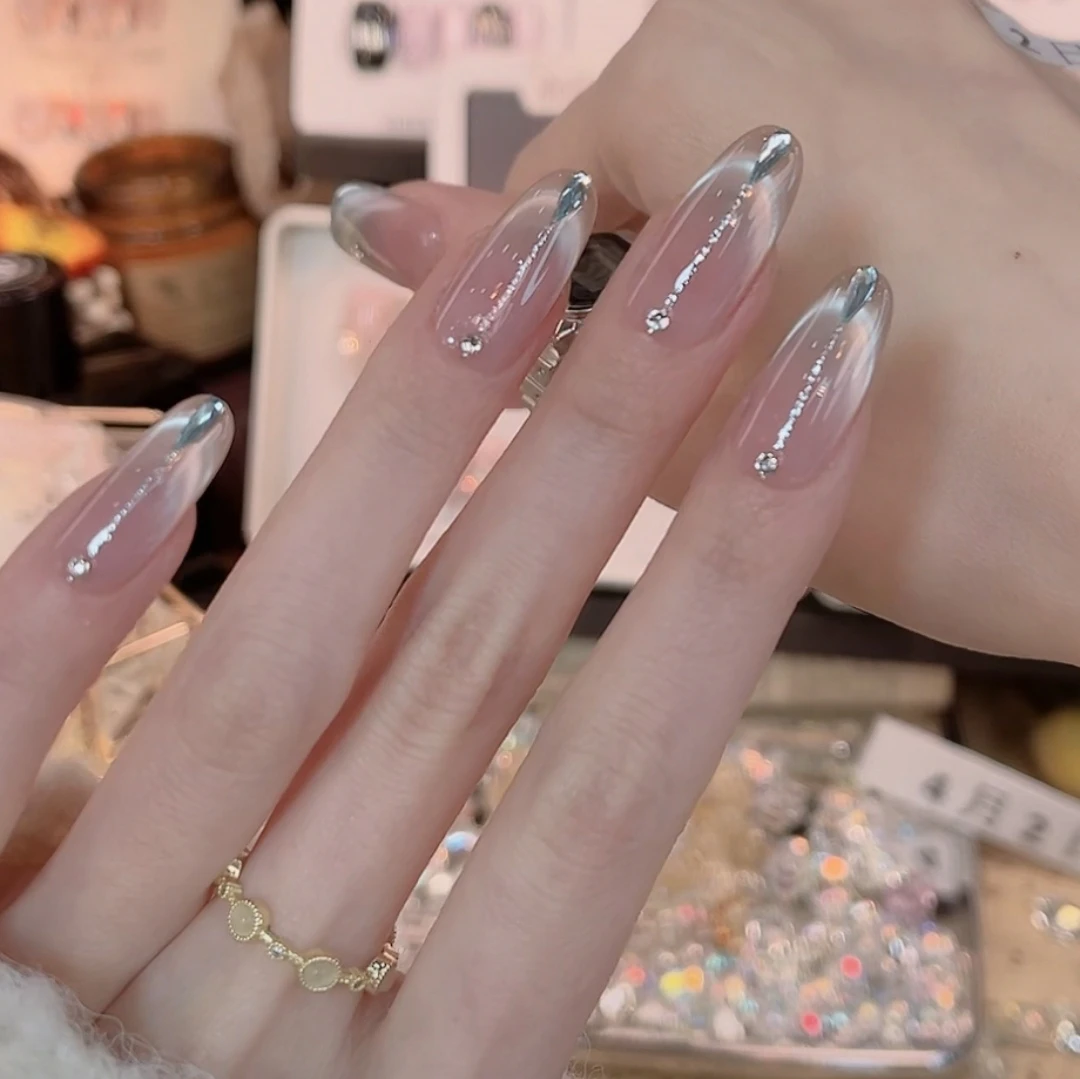 【蓝色梦境】中椭圆裸色猫眼法式穿戴甲纯手工高级感美甲气质简约