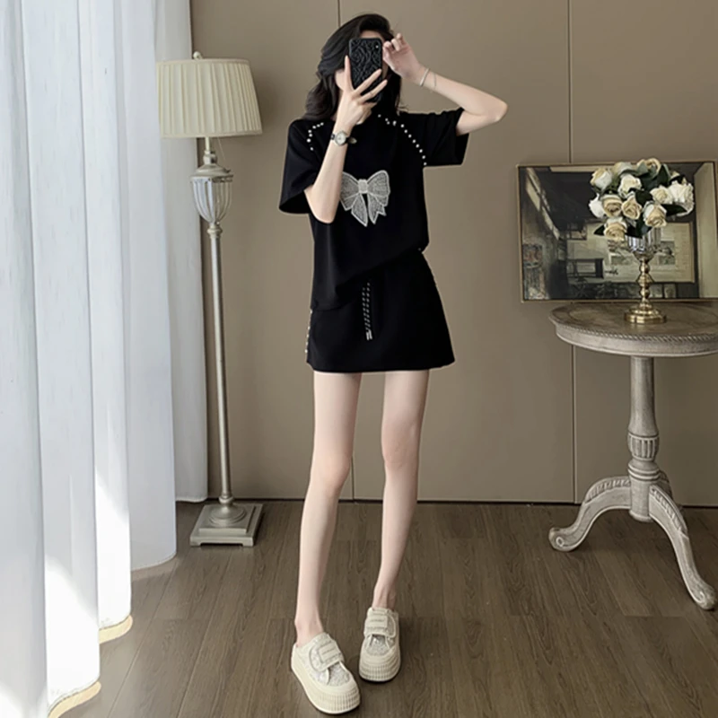 3866夏两件套裙休闲风时尚套装小个子黑色休闲短袖短裙有裤内衬