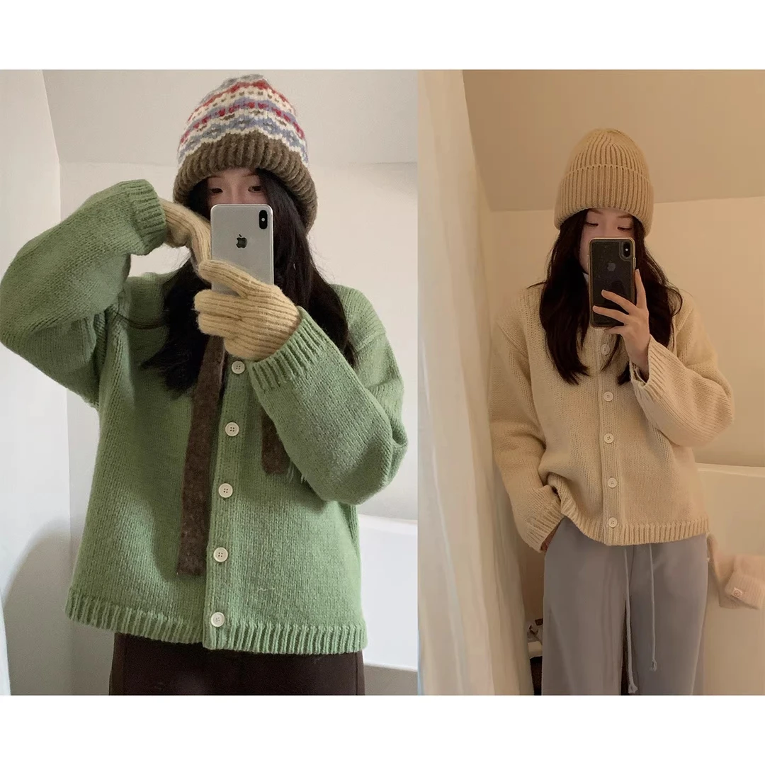 一三良品小个子 复古韩系宽松纯色粗针针织开衫短款毛衣套T5B46