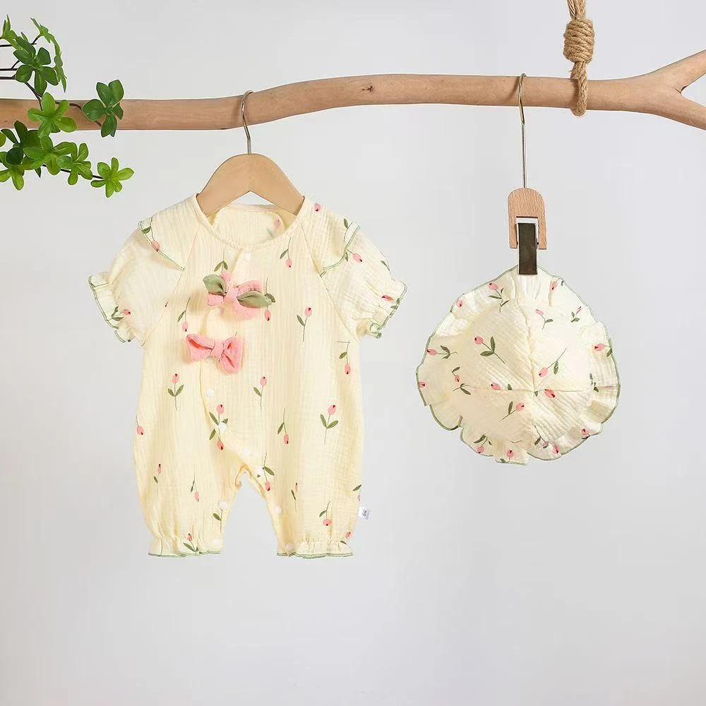 婴儿衣服夏季公主女宝宝纯棉纱布连体衣薄短袖夏季空调服外出爬服
