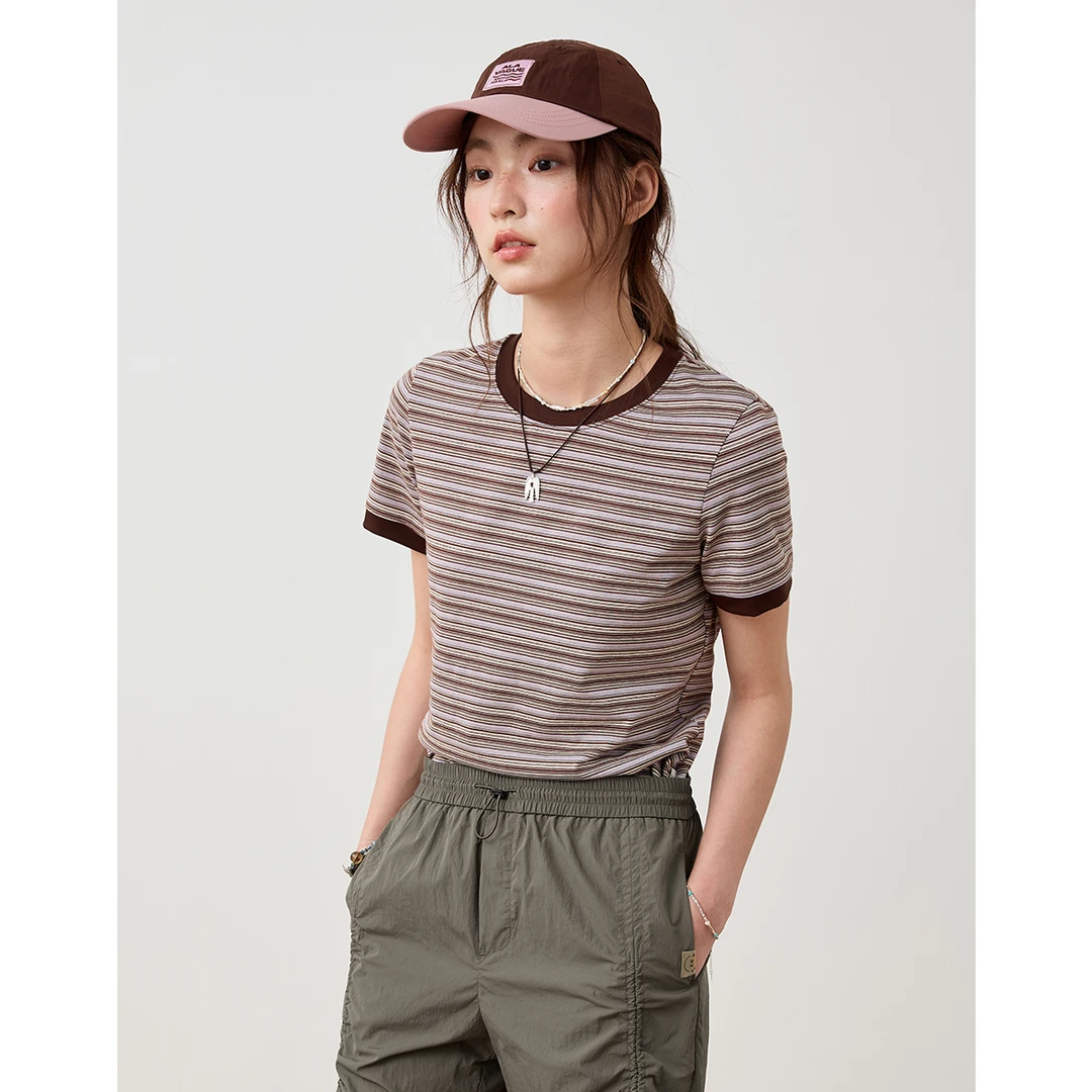 章鱼家【显瘦短袖t】复古条纹女夏季短款正肩圆领内搭上衣octopusme