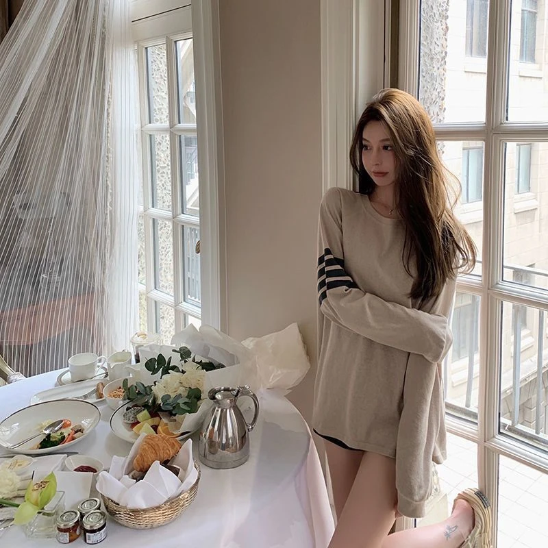 条纹撞色防晒衫罩衫女夏季新款韩版宽松中长款显瘦薄款长袖T恤潮