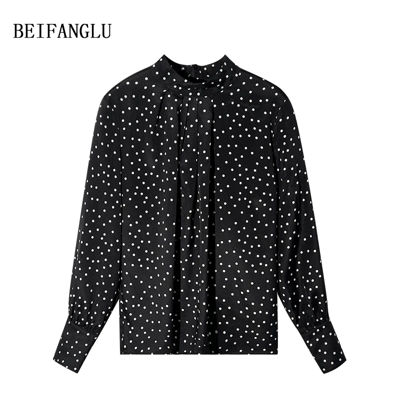 北方鹿 法式轻奢桑蚕丝！早春波点碎花半高领长袖套头衬衫女25562