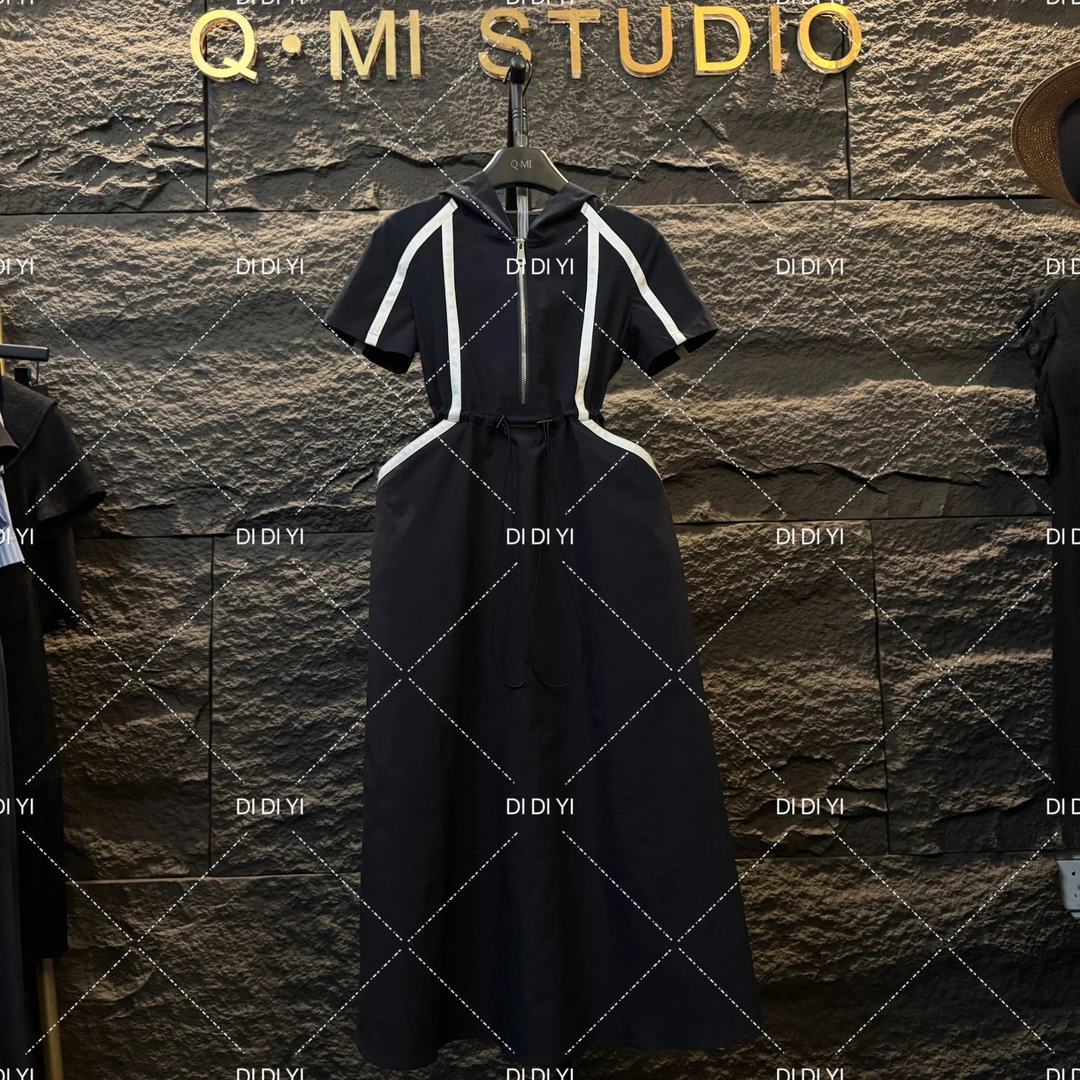 2025原创大码高定设计款拉链条纹长裙高级休闲显瘦25139