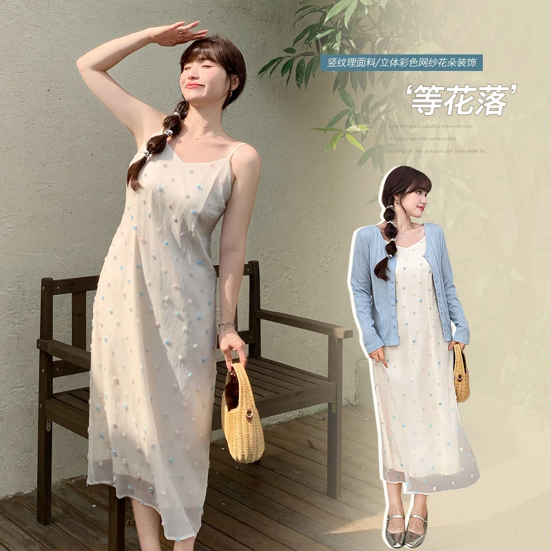 韩版撞色立体剪花收腰吊带裙胖mm大码设计感气质收腰连衣裙65015