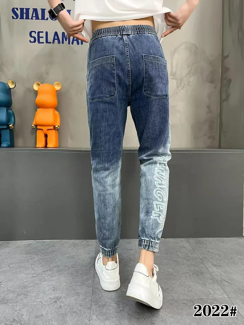 系绳松紧小脚带腰蓝色春款直筒牛仔裤脚百搭弹力直筒显瘦高腰