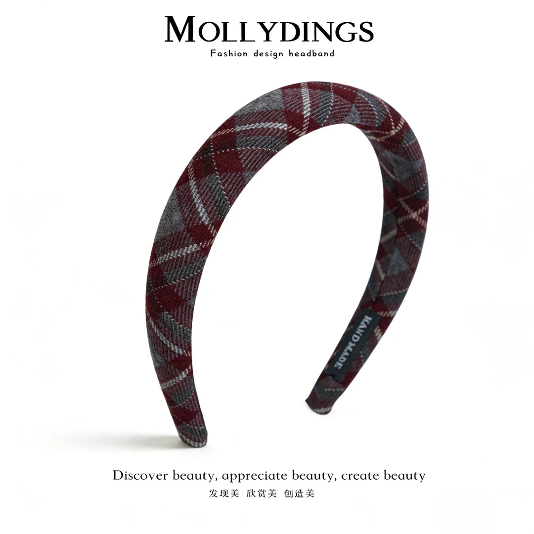 2025秋冬新款格纹发箍女高颅顶酒红灰调复古学院风宽边压发头箍