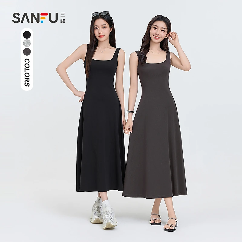 三福连衣裙2025夏天宽肩带背心式长裙收腰显瘦甜美裙子女装497626