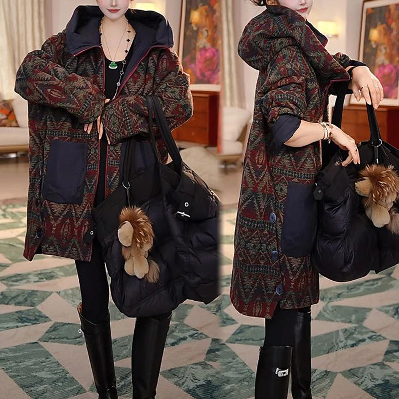 时尚中长款设计感棉服外套女2025秋冬季新款复古休闲连帽棉衣棉袄