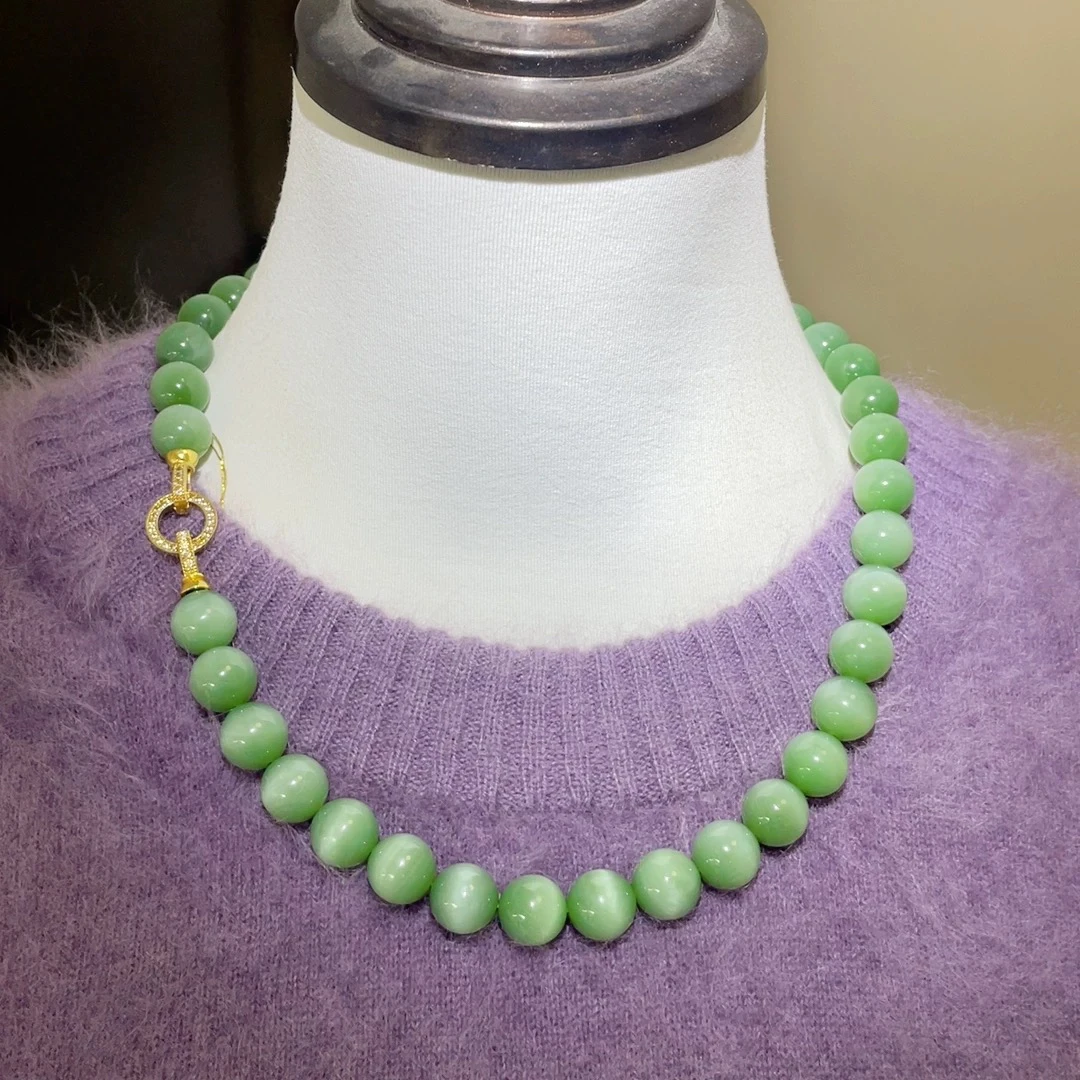 猴教授珠宝纯天然俄料碧玉粉青猫眼项链  12mm臻品级珠宝