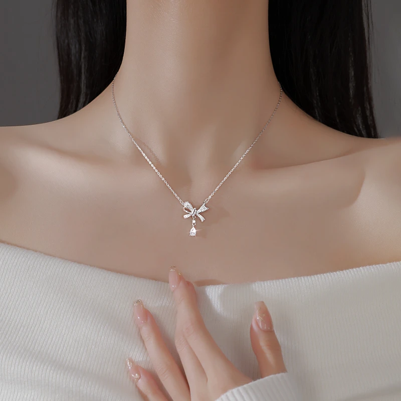 CUOOYINO/初影 坠链均925银合成锆石 【蝴蝶结】精致项链百搭锁骨链