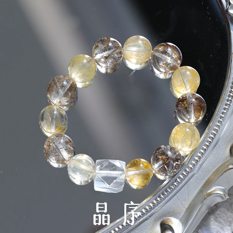 晶序 【耀寂之形】金箔胶花黄胶花白水晶随形天然水晶原创设计手串