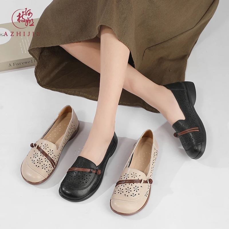 啊枝姐真皮软底2025夏季新款8789平底休闲缝线鞋耐磨一脚蹬妈妈鞋