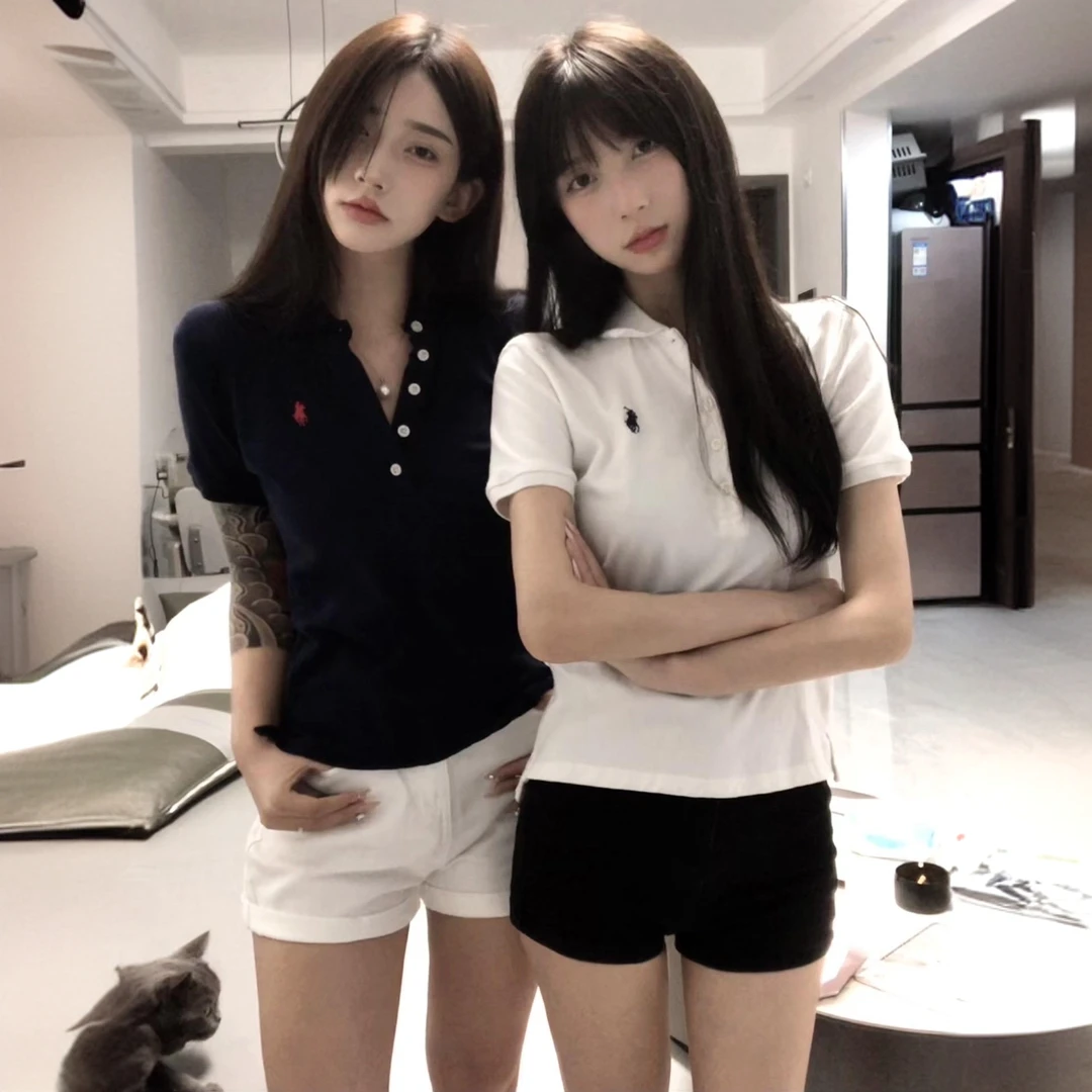 白色刺绣polo衫翻领短袖t恤女夏季气质修身显瘦百搭正肩短款上衣