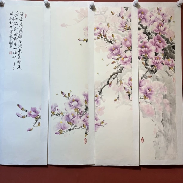 兰宝阁书画听兰老师纯手绘国画玉兰四条屏套画已拓裱画芯100:25