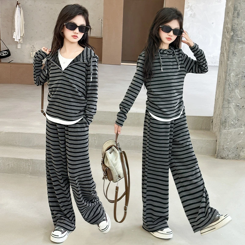 秋季2025新款女童套装休闲时尚假两件条纹上有阔腿裤儿童秋装潮童