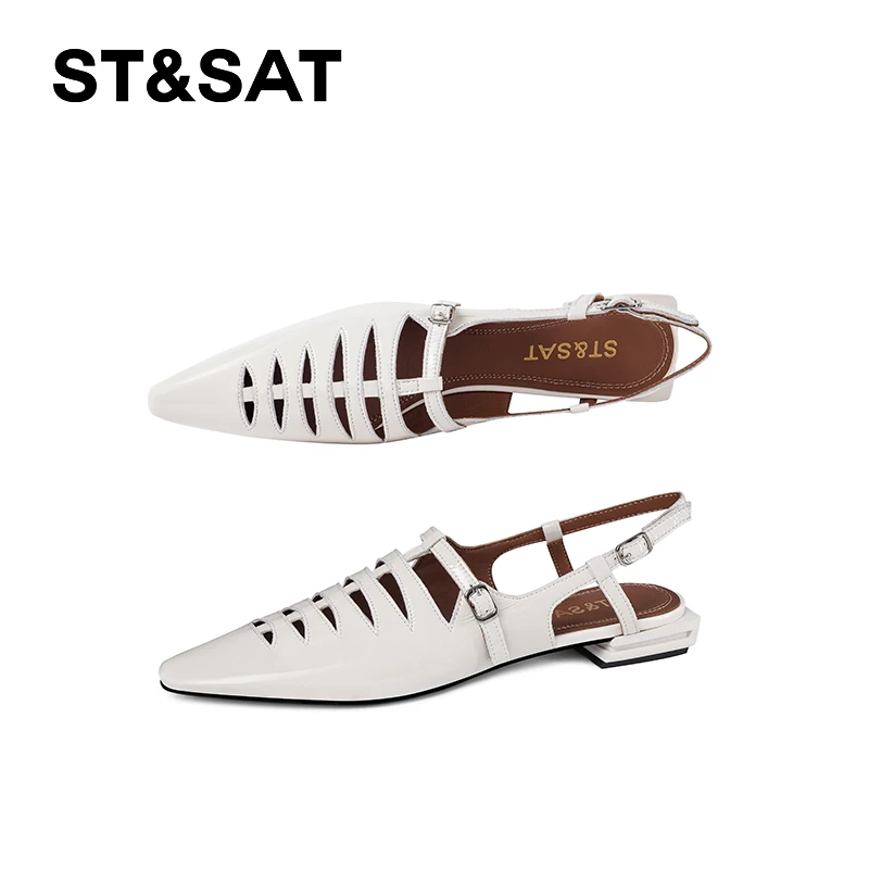 St&Sat/星期六白色休闲一字式扣带低跟镂空时尚尖头时装凉鞋