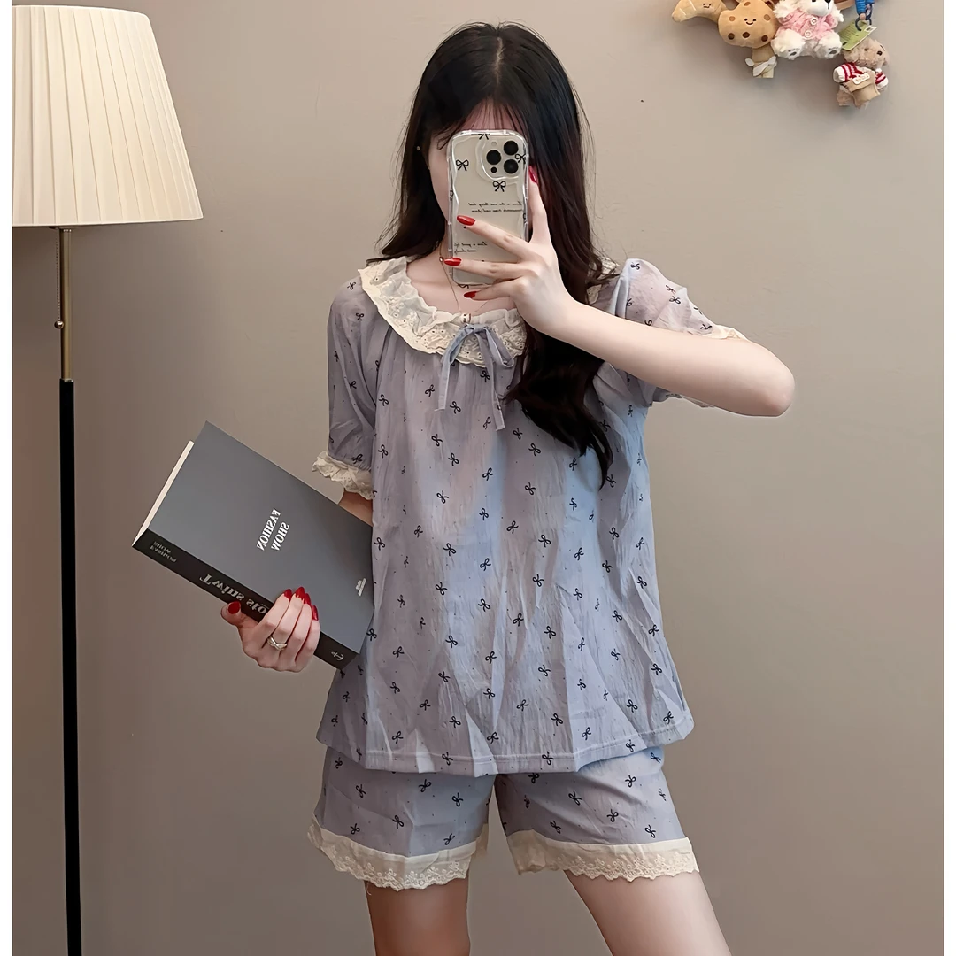 云朵棉睡衣女夏季短袖娃娃领甜美蝴蝶结少女夏天小个子家居服套装