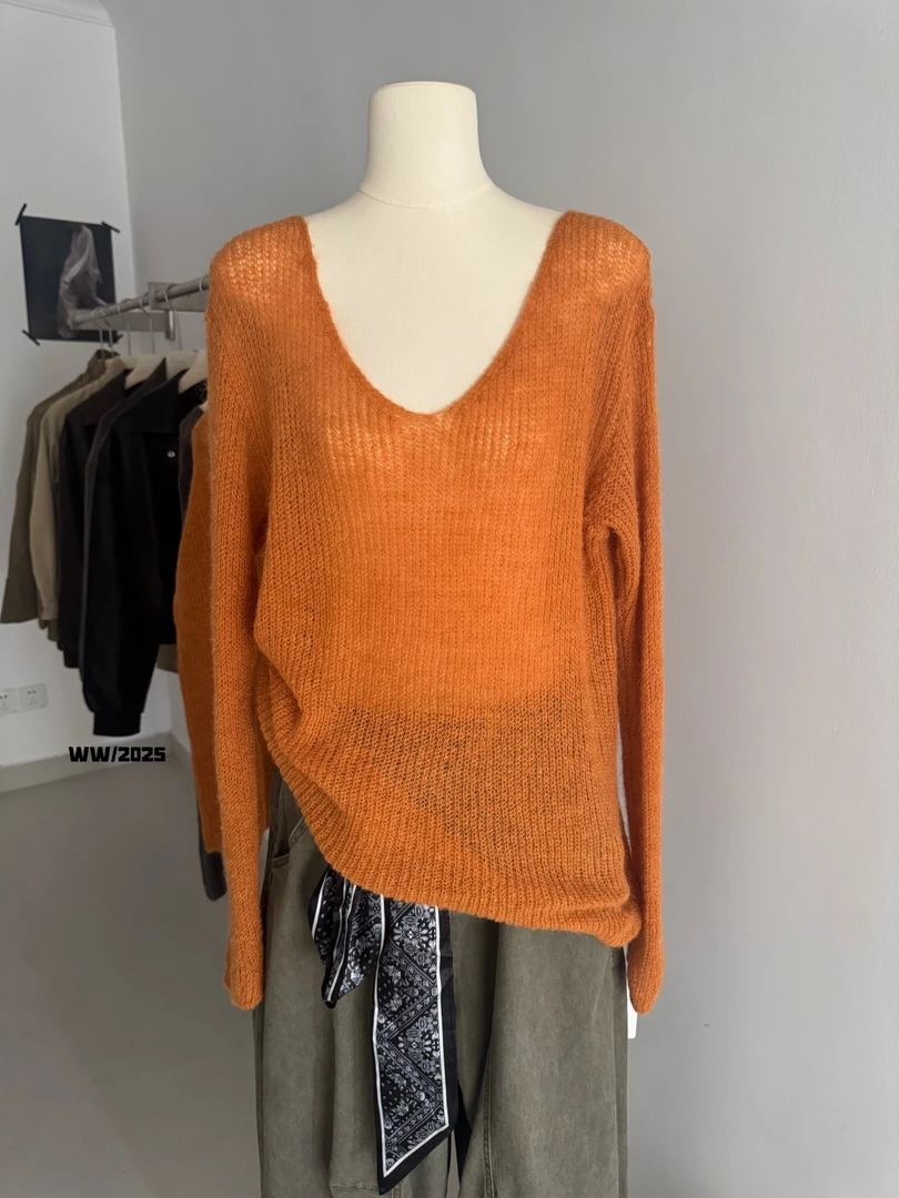 今年新款2025秋季新品南瓜橘色长袖针织女韩版V领设计感显瘦上衣