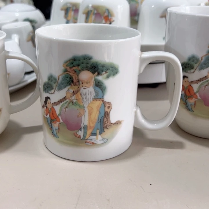 瓷片陶瓷制品寿星水杯350毫升两个